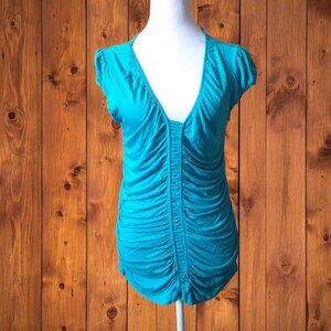 DESIGN HISTORY WOMEN'S LARGE BLUE/GREEN RUCHED FRONT SHORT SLEEVE PULLOVER TOP